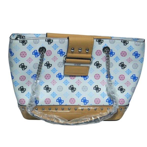 NEW Guess Greta Tote Handbag White Multi Logo Print Faux Leather Tan Trim Studde - Picture 2 of 10